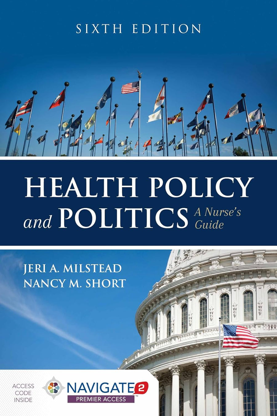 Book cover of 'Health Policy and Politics: A Nurse's Guide' with flags and a building in the background.