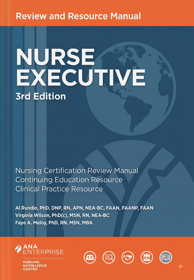 Front cover of the book/manual 'Nurse Executive 3rd Edition' with a blue and dark blue design, white title text, and orange bands at the top and bottom. Visible text includes 'Review and Resource Manual' and publisher branding 'ANA Enterprise' at the bottom.